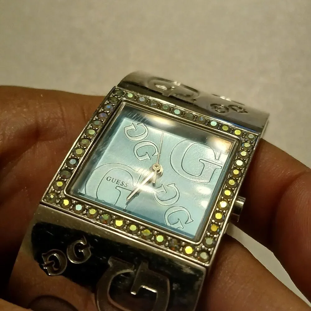 Y2K Guess Women's Crystal Accented Blue Dial Stainless Steel Cuff Watch W75017L1